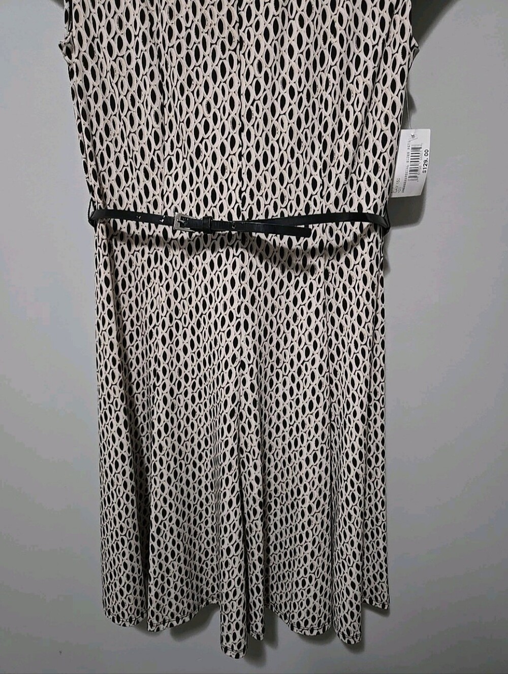 Jessica Howard Women's Dress Sz. 8 Petite Black Cream Geometric Belt Cap Sleeve - Picture 5 of 10